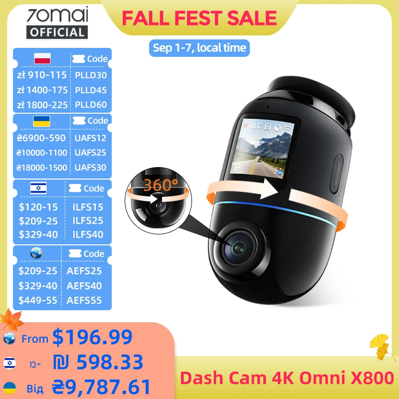 70mai Dash Cam 4K Omni X800 Supercapacitor 360° Rotating Built-in