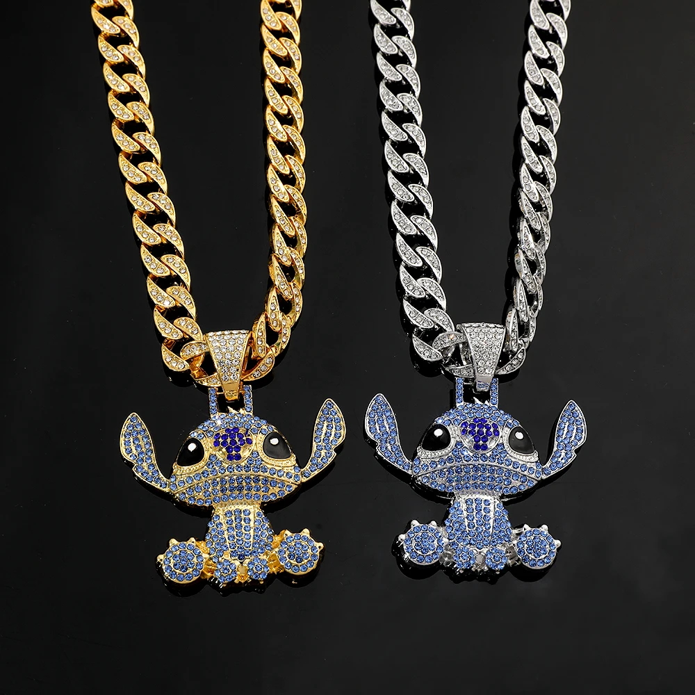 Disney Stitch Hip Hop Necklaces Anime Lilo & Stitch Full Rhinestones Pendant Rock Necklace Fashion Jewelry Neck Chain Gifts