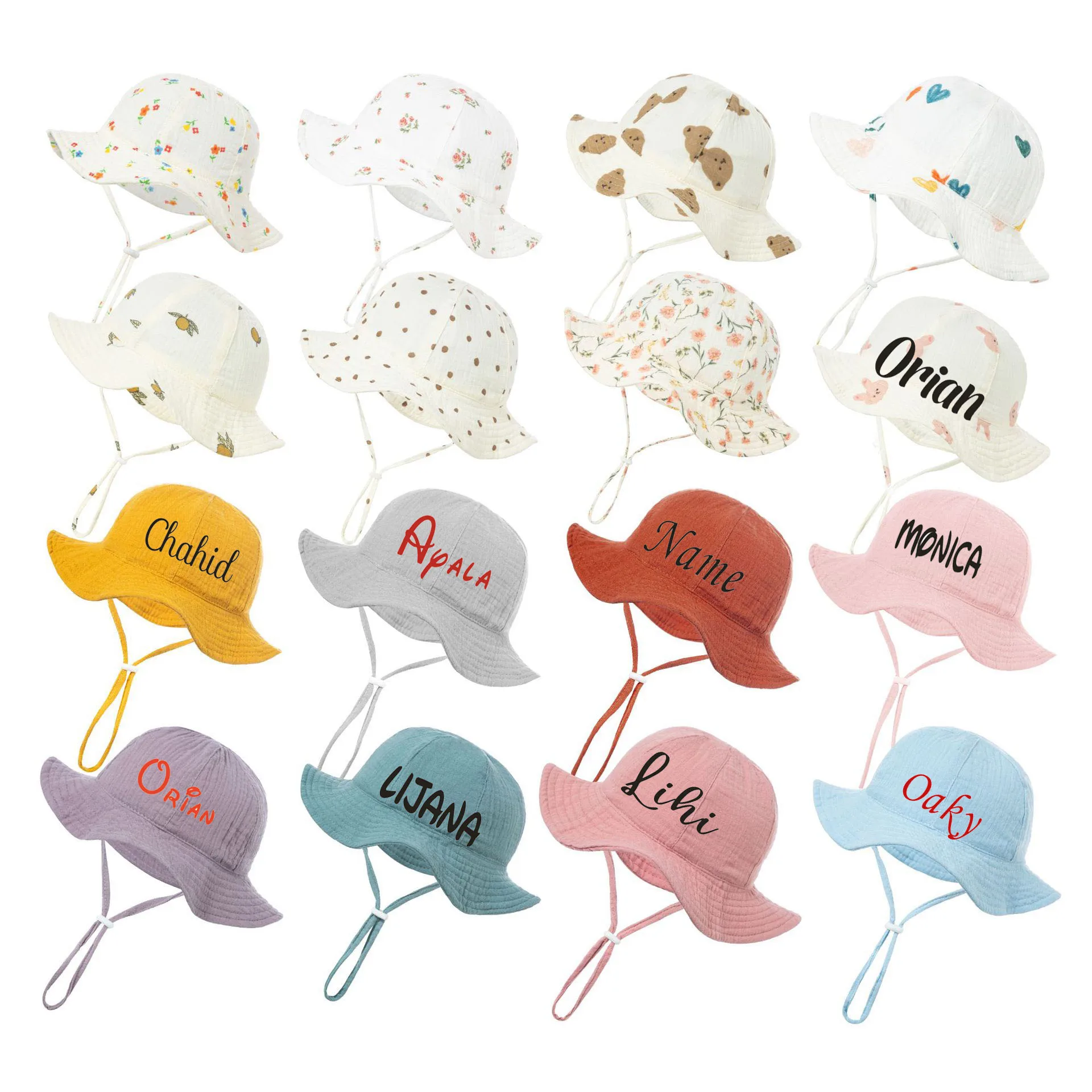 Personalized printed name new baby pure cotton bowl hat baby fisherman hat candy color sun hat custom gift