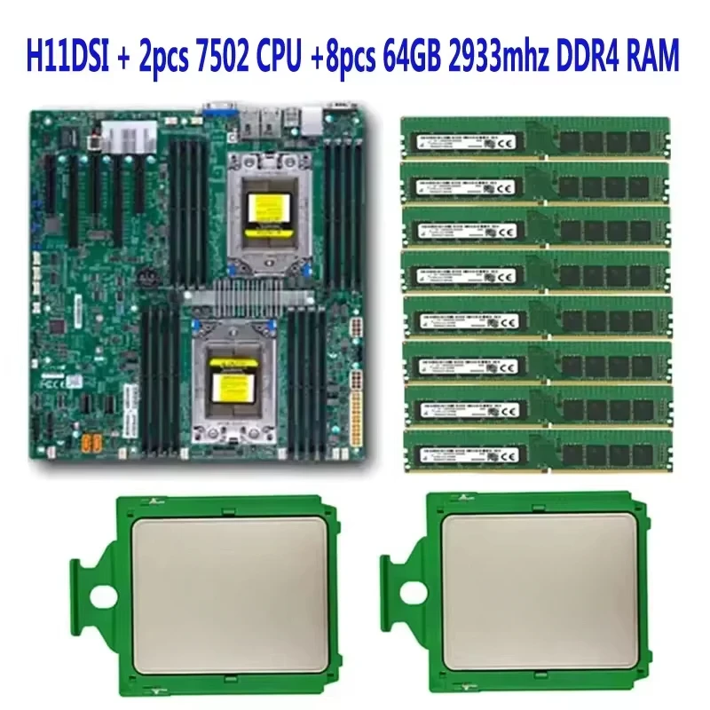 H11DSI rev2.0 Server Motherboard  / 2* EPYC 7502 64C/128T 280W CPU Processor  / 8* 64GB =512GB 2933mhz DDR4 RAM Memory 2P SP3 Co