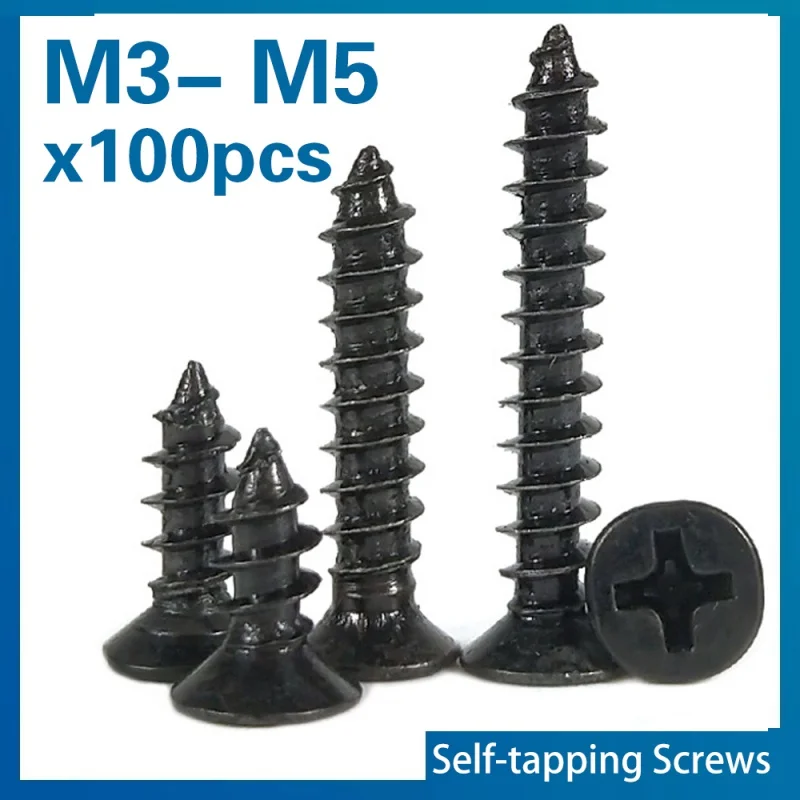 100pcs/lot  M3 M3.5 M4 M5 Black Carbon Steel Cross Phillips Flat Countersunk Head Self-tapping Mini Screw electrical/ woood use