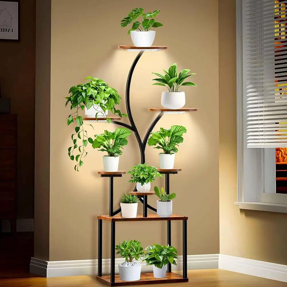 

8-Tier Indoor Plant Stand With Grow Light, Modern Metal Plant Shelf For Large Plants, Books & Decoratives | Elegant Tree-Shaped