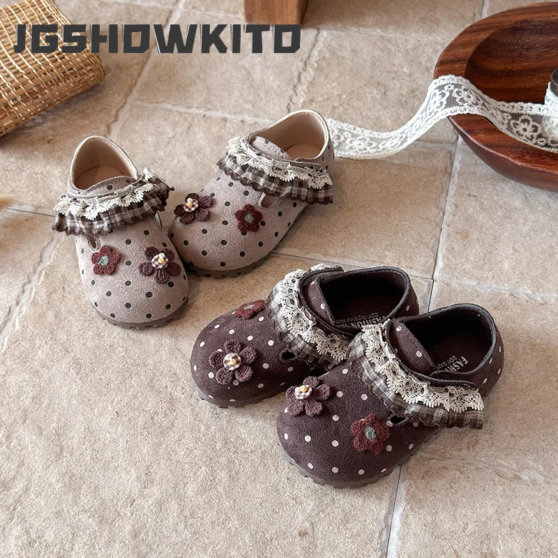 JGSHOWKITO Girls Polka Dot Mary Jane Shoes Spring Autumn Princess Children Leather Shoes with Ruffled Edge Kids Dress Flat Shoes