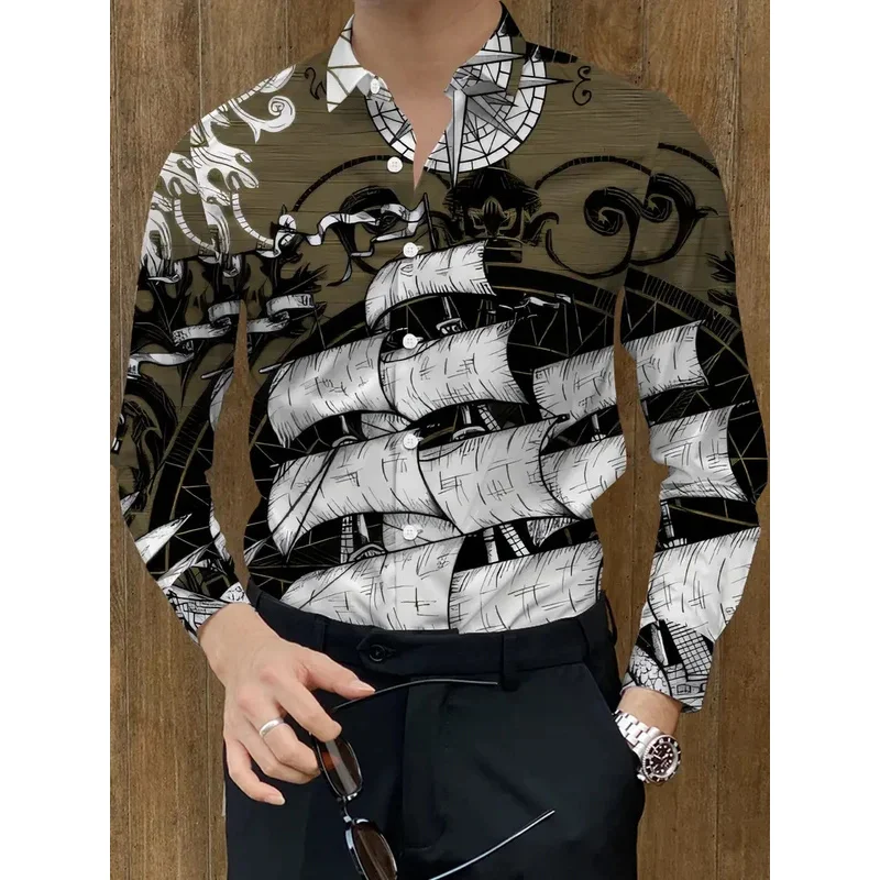 Men's Splice Geometry Beach Shirt Black White Hawaiian Casual Shirt Men's Vintage Shirt Long Sleeve Top