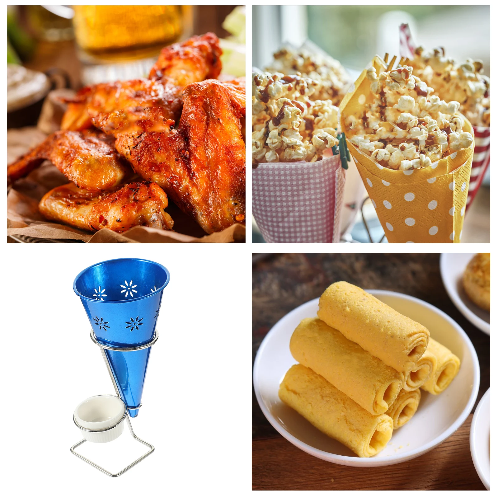 

Snack Basket Fries Serving Stands Metal Cone Holders Display Stainless Steel Ice Cream Rack Reusable Kitchen Utensils Popcorn