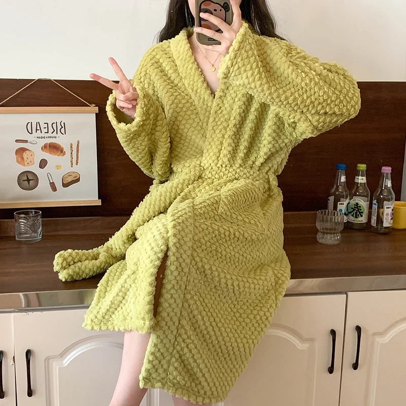 

New bathrobe women's long thickened warm flannel nightgown homewear water-absorbing quick-drying spring and autumn bathrobe