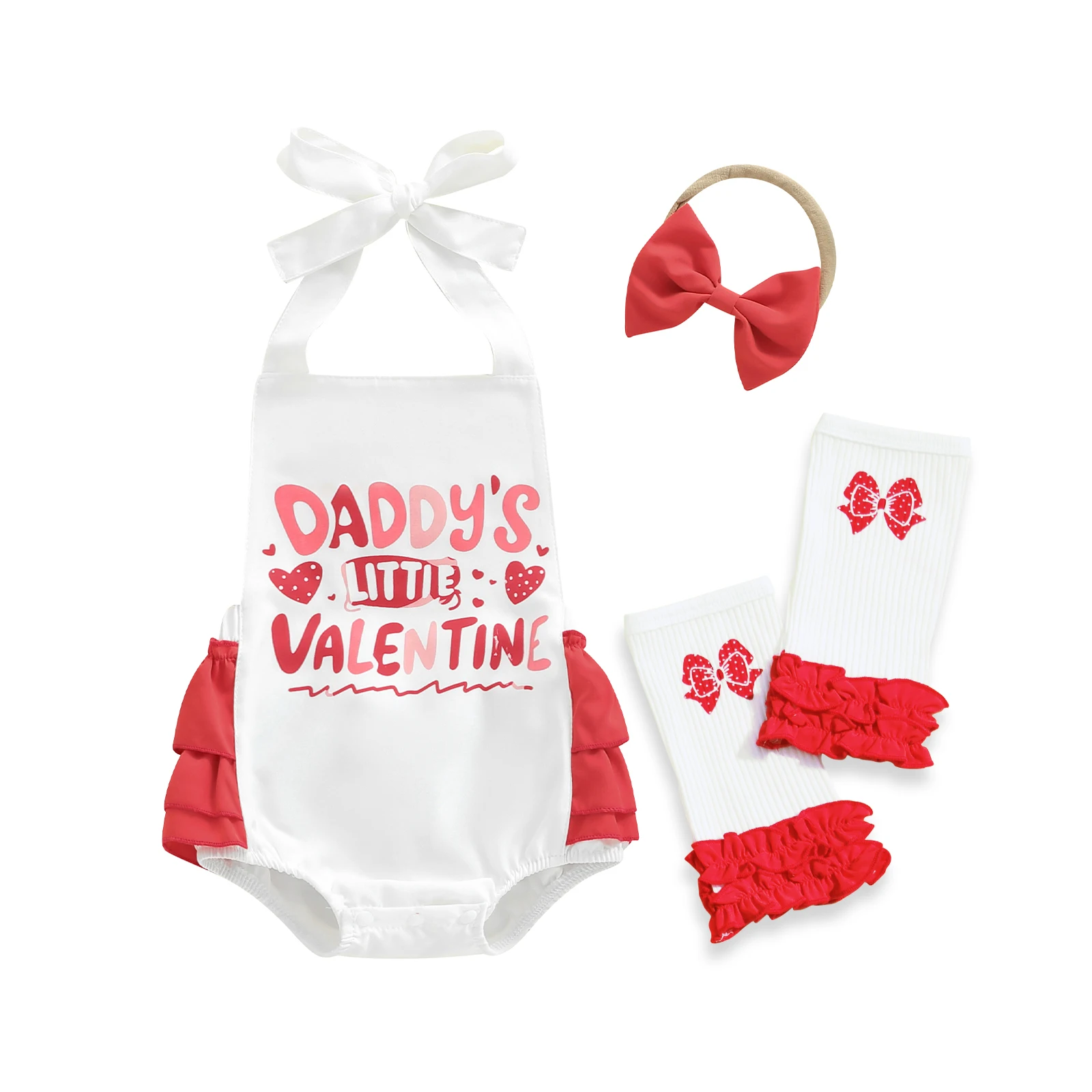 Baby Girls Valentines Day Romper Cute Letters Heart Printed Sleeveless Jumpsuit with Headband, Leg Warmers