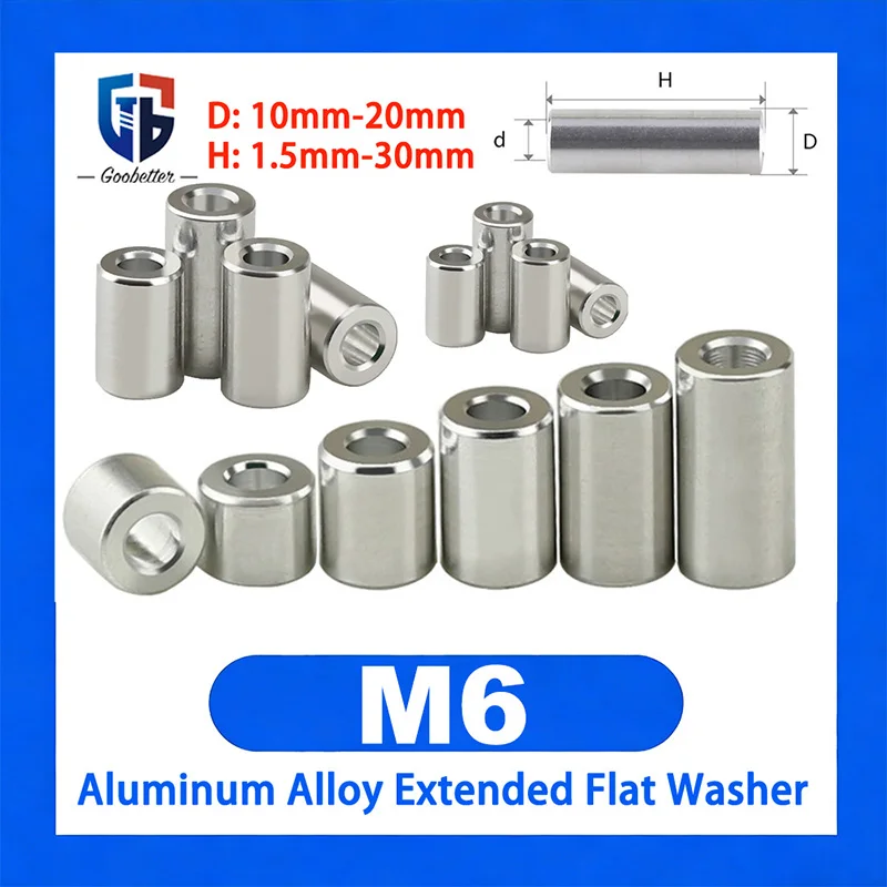 5-10Pcs M6 Aluminum Alloy Sleeve Bushing Washer Extended Flat Pad Hollow Isolation Spacer Thickened Stand-off Spacer D10mm-D20mm