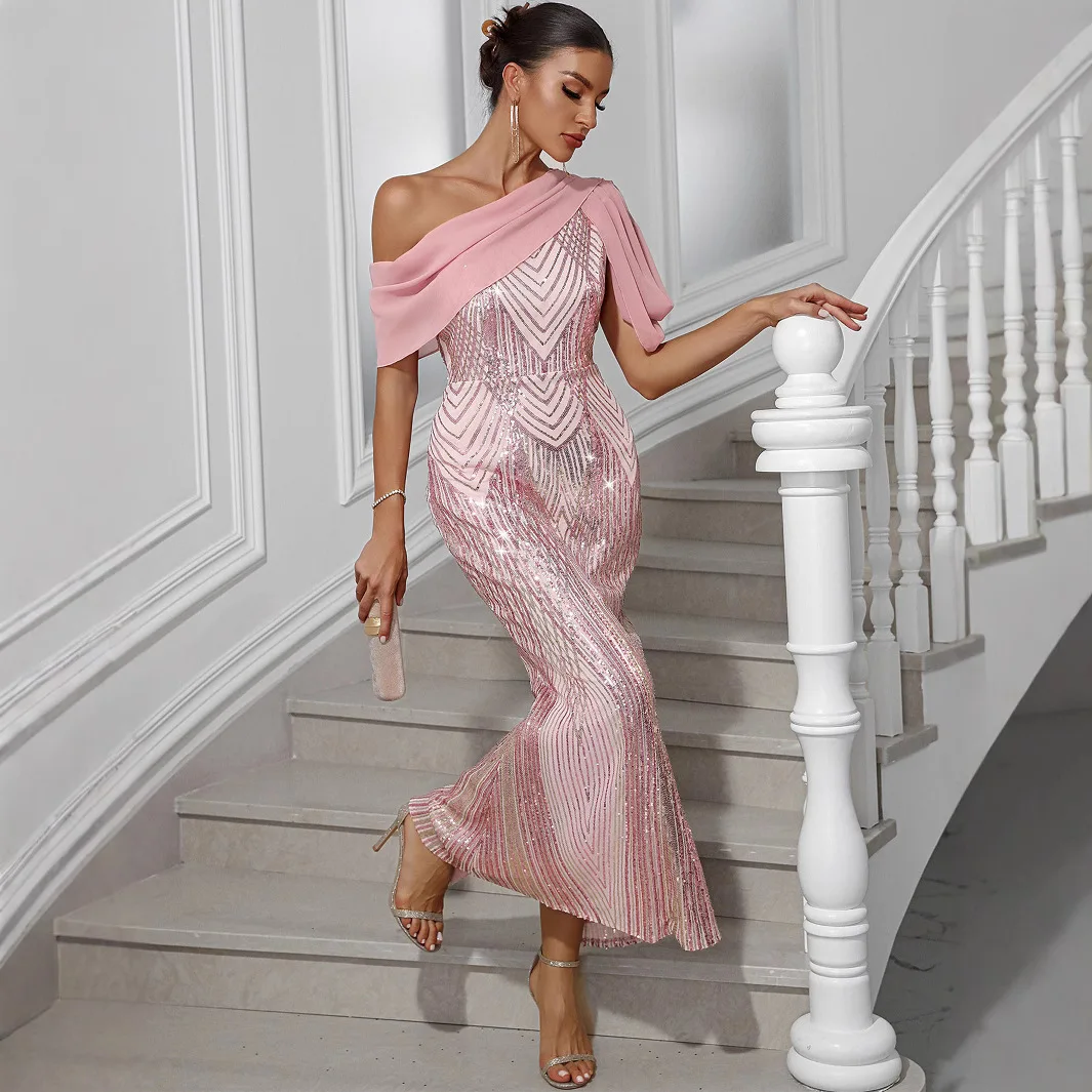MsChuh Sexy Backless Suquin Maxi Summer Dress Women Elegant Pink Chiffon Wedding Party Long Dresses Woman Prom Evening Vestidos
