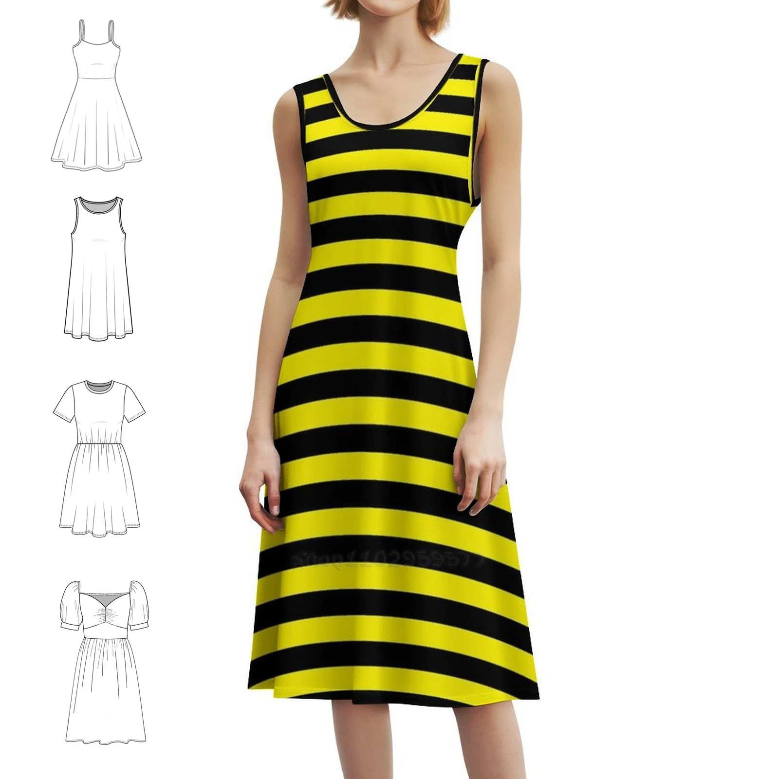 فستان ليموني أصفر وأسود بخطوط أفقية مزين بالزهور للنساء للربيع والصيف فستان كاجوال للحفلات باللون الأصفر الليموني #2