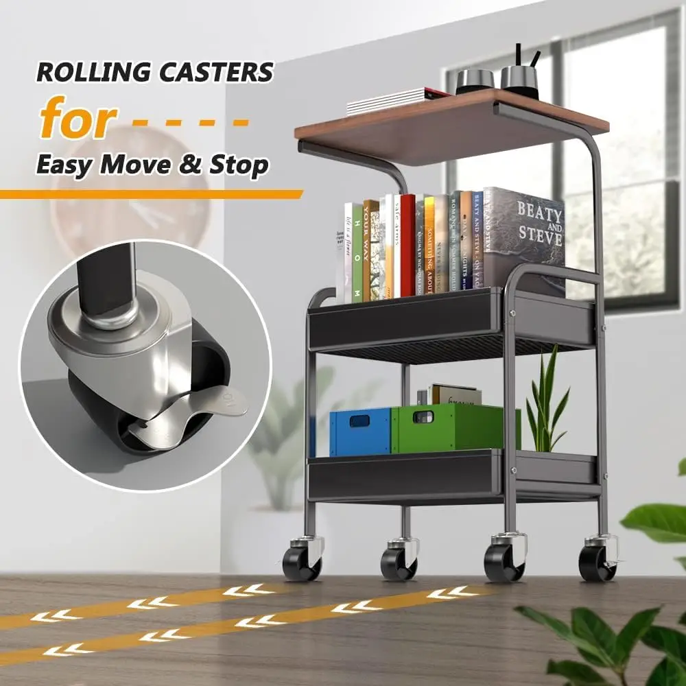 عربة دوارة مع سطح طاولة خشبي، عربة أدوات معدنية من 3 طبقات، عربة تنظيم تخزين دوارة بعجلات قابلة للقفل #4