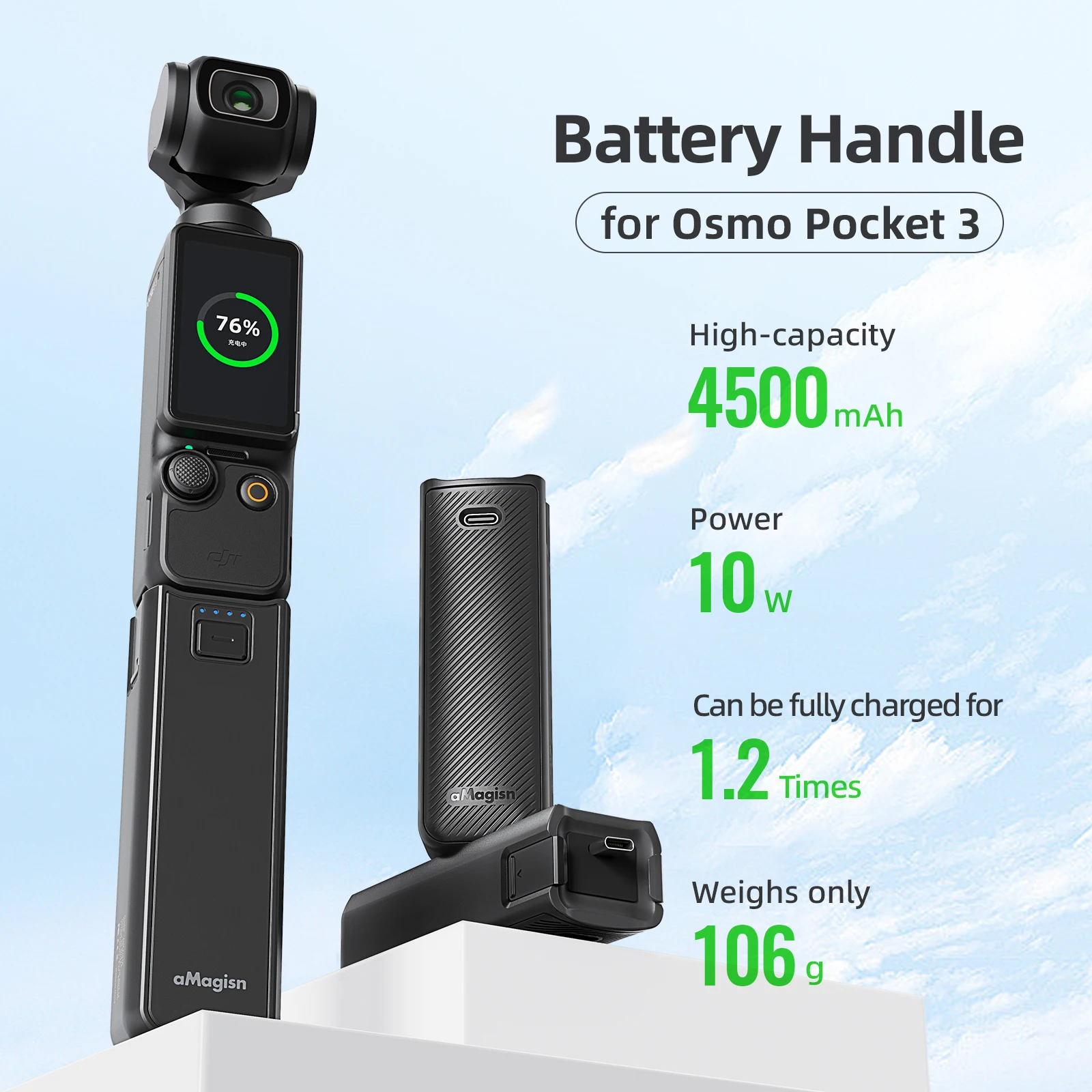 aMagisn Pocket 3 Battery Handle for DJI Osmo Pocket 3, Built in 4500mAh Extra Battery，Reserved 1/4″ Thread，Pocket 3 Accessories