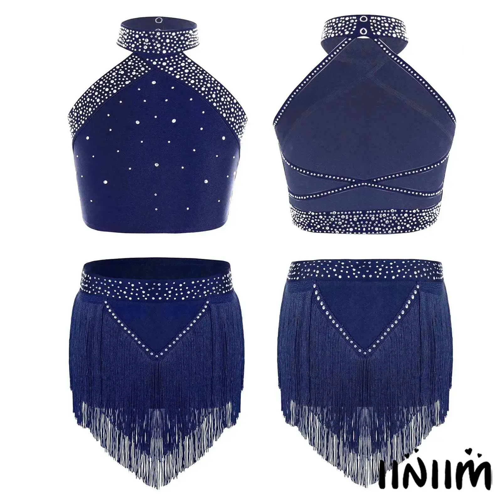 

Gymnastics Dance Outfit Girls Halter Neck Sleeveless Sparkling Rhinestones Cross Back with Elastic waistband Shorts Costume