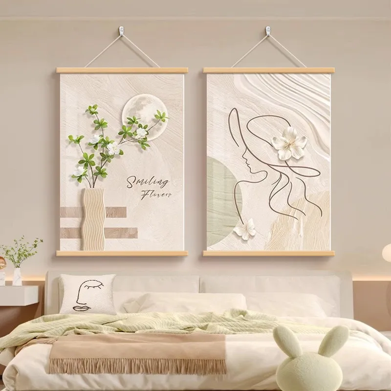 Abstract Canvas Wall Hanging Set of 2 Minimalist Woman Line Art Floral Beige Prints with Wooden Rods for Bedroom Bedside Decor