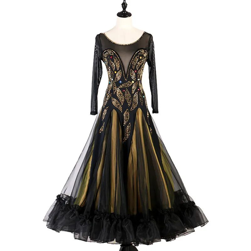 Round neck long sleeve ballroom dance dress with golden leaf pattern and colorful rhinestones full skirt,suitable for dance comp