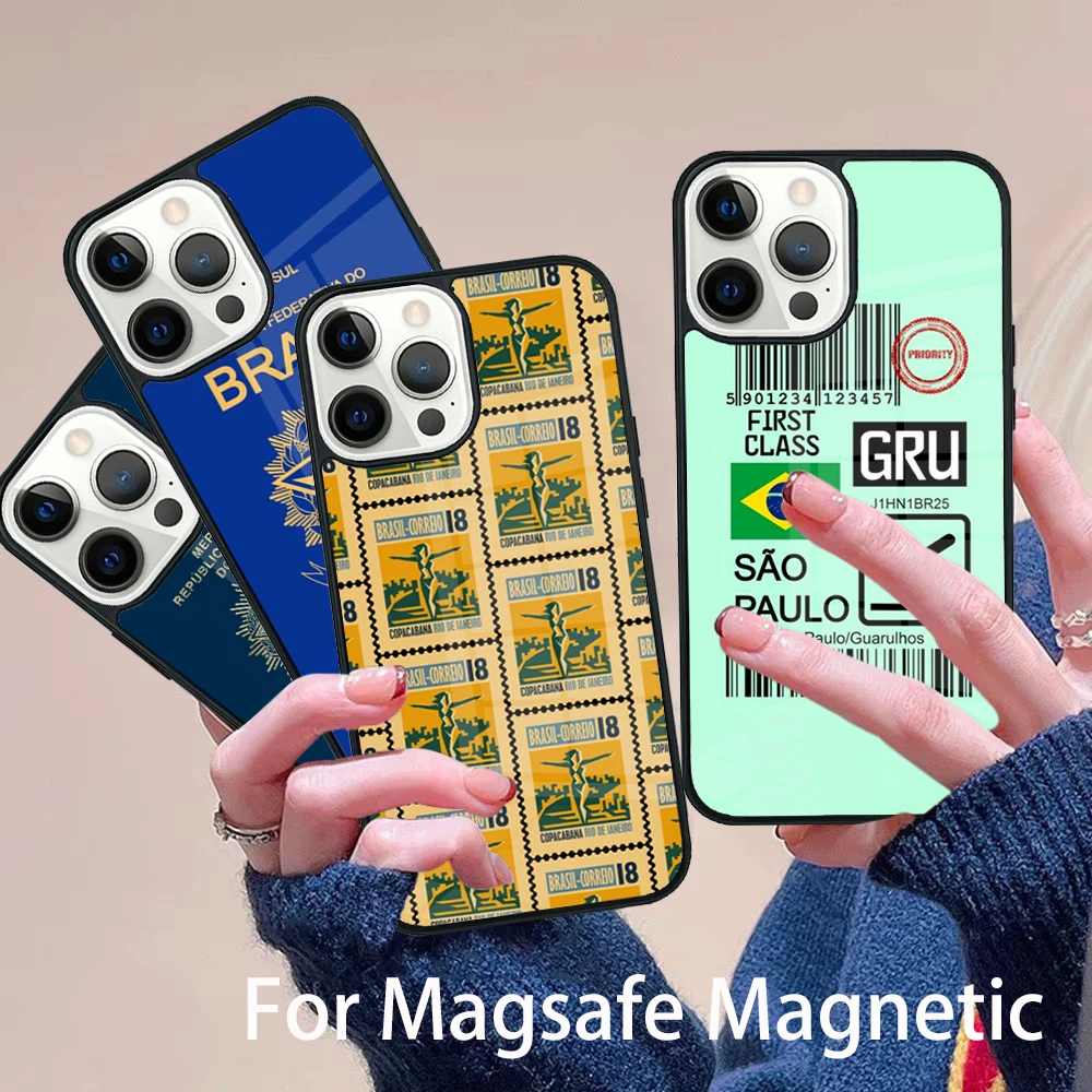 

Brazil Passport Phone Case Magesafe Magnetic Wireless Charge Cover For IPhone 16 11 12 13 14 15 Pro Max Plus Mini