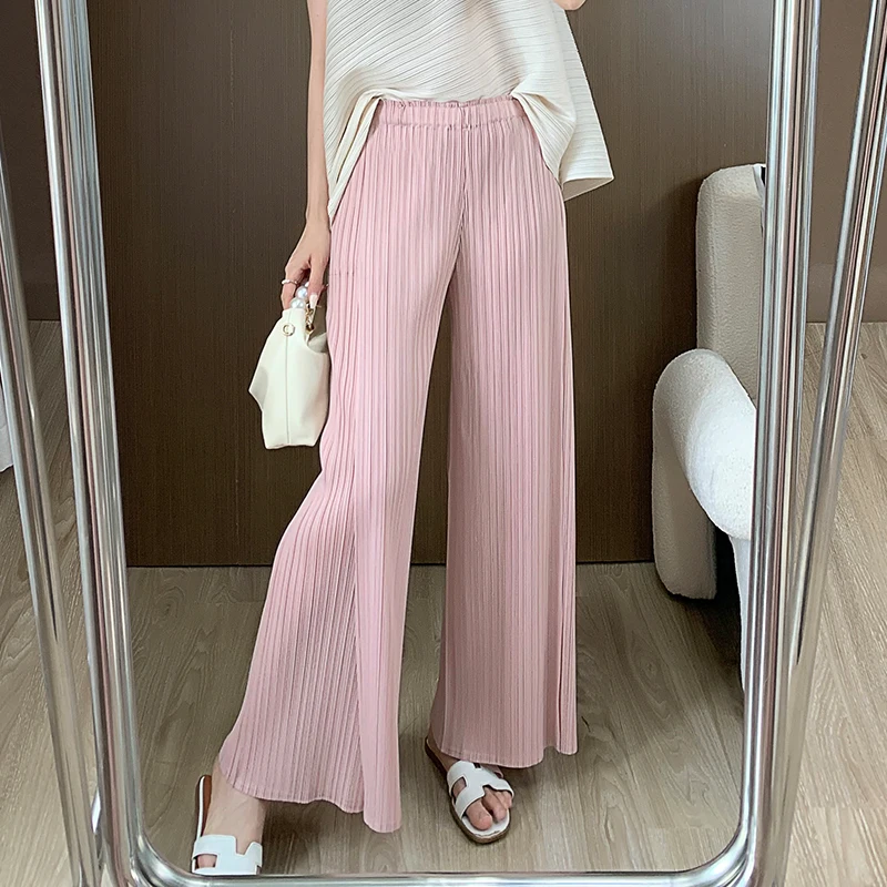 2026 New Miyake Loose Large Size Nine-minute Pants High-waisted Draped Pleated Leisure Thin Pleated Straight Wide-leg Pants Thin