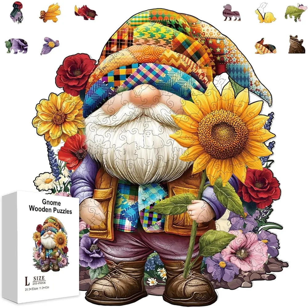 200 Stück Zwergen- und Blumen-Holzpuzzles für Erwachsene, 30 x 30 cm, Sonnenblumen-Holzpuzzles, bunt, einzigartig geformtes Holz