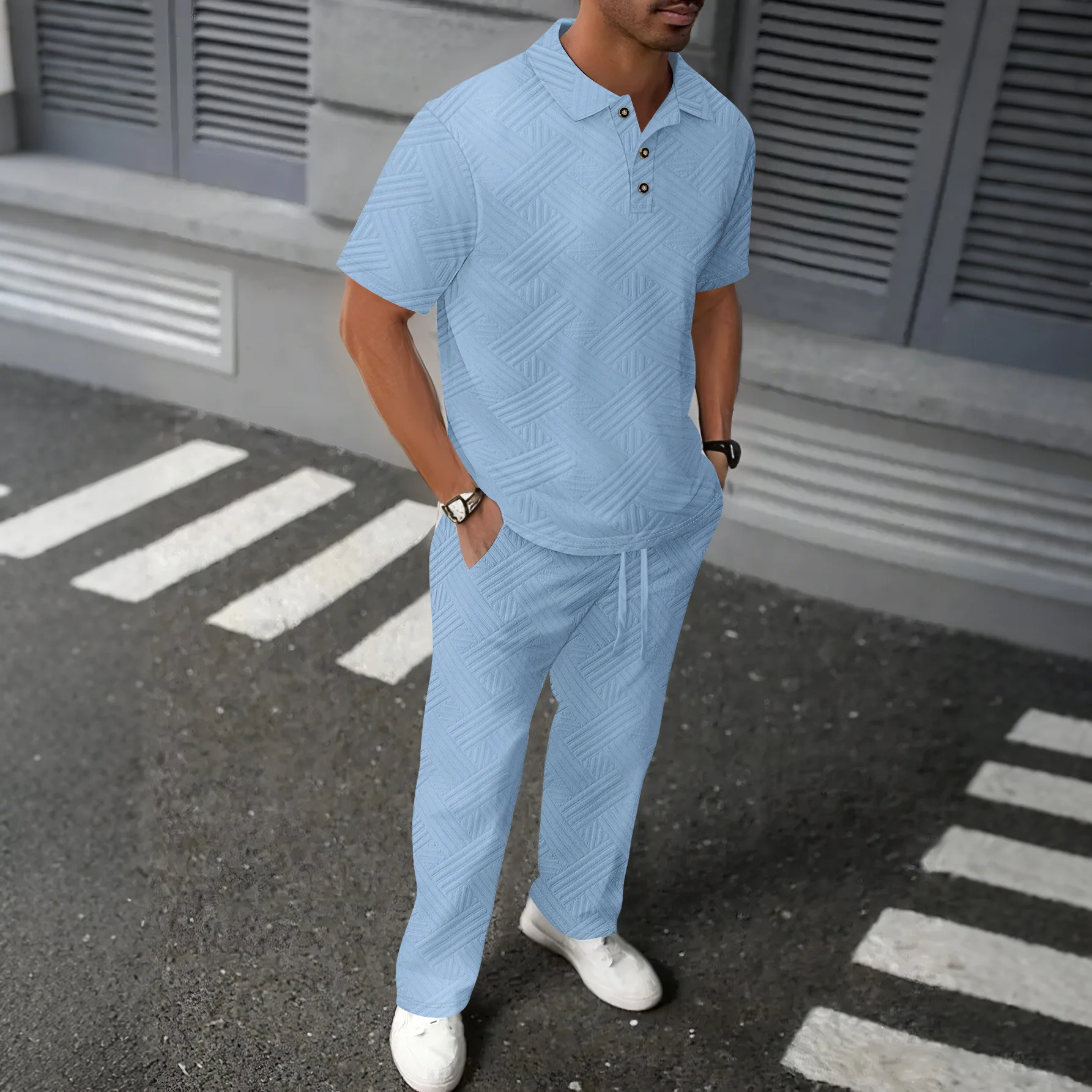 Picture 4: 2026 Men's Spring Autumn Geometric Textured 2 Piece Set Polo Neck Short Sleeve Shirt & Drawstring Pants Tracksuit