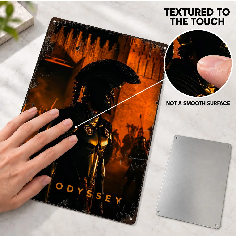 The Odyssey Spartan Warrior Textured Metal Poster Personalized Aluminum Sign Illustrated Classical Wall Art For Man Cave Decor
