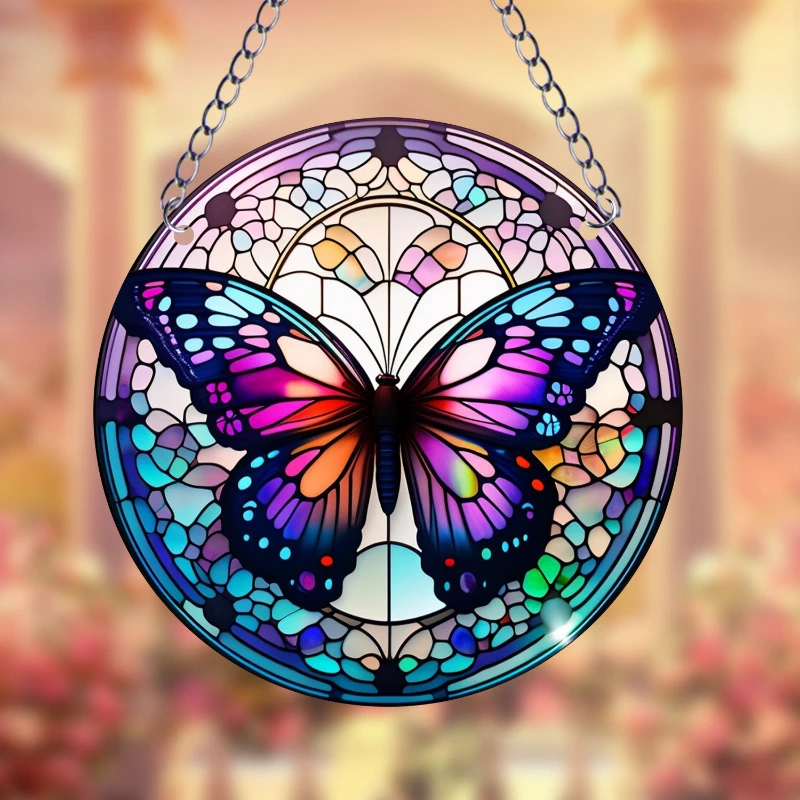 Butterfly Printed Stained Suncatcher Acrylic Round Ornament For Restaurant Home Room Wall Decoration Animals Pattern Art Gift