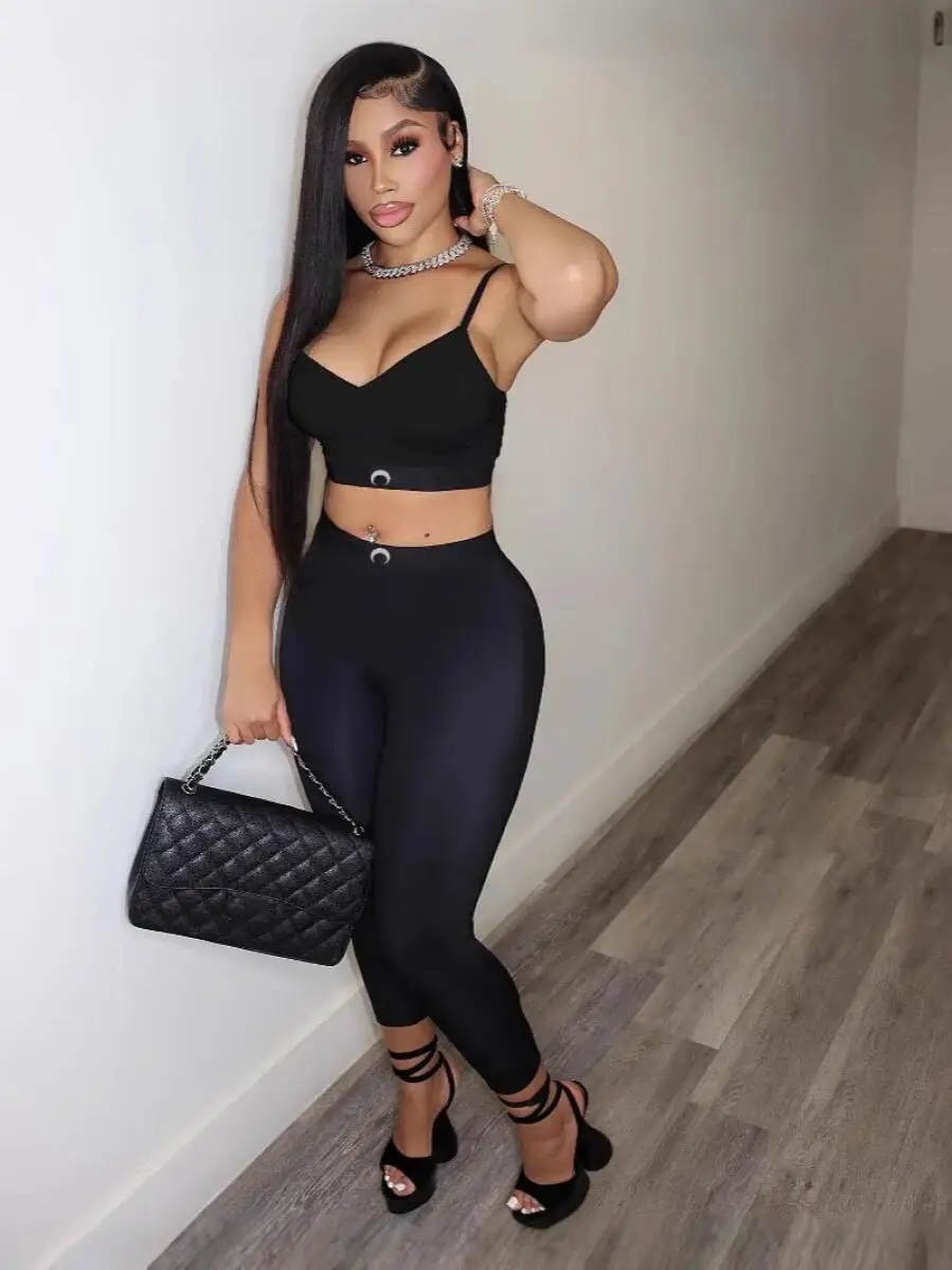 

European and American Ins Sexy Two Piece Set Women Black High Street Fashion Summer Tops and Pants Set