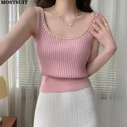 Stylish Sexy Chain Slim Knit Vest Crop Tops Women 2024 Summer Sleeveless Elegant Streetwear Chic Ladies Knitwear Jumpers