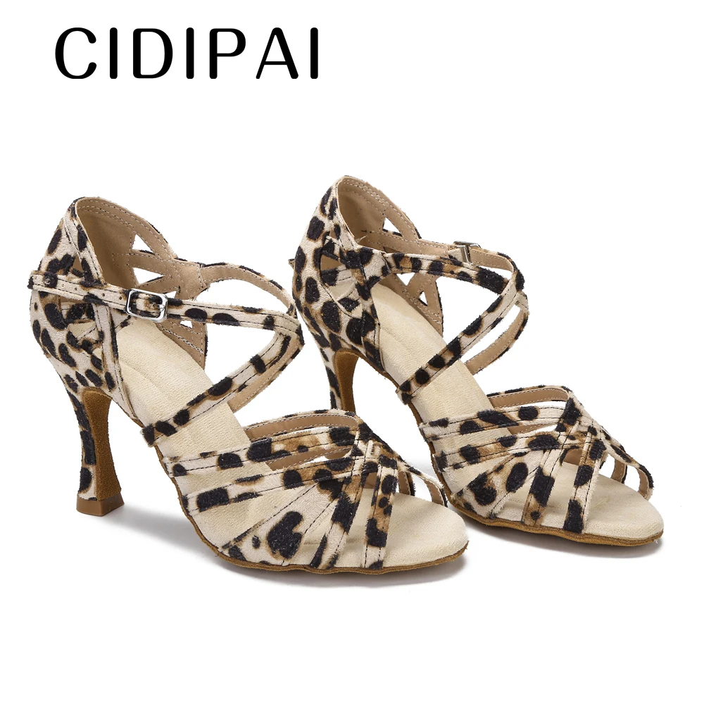 CIDIPAI Satin Dance Shoes Ladies Leopard Latin Dance Shoes Professional Ballroom Dancing Shoes Women Soft Soles Dance Sandals