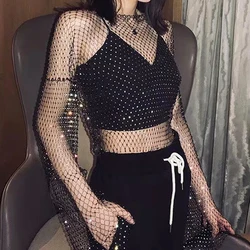 Crystal Diamond Fishnet T-Shirt Women Sexy See Through Y2K Long Sleeve Crop Top Club Festival Rave Party Streetwear Tops Blusas