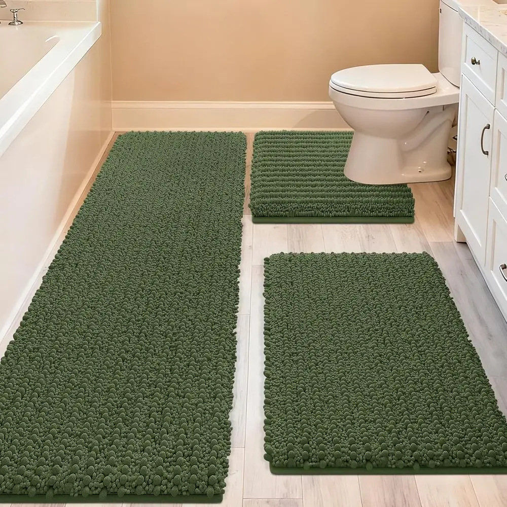 

Extra Large Green Bathroom Rug Set - 3 Piece Thick Absorbent Mats, Non-Slip Chenille for Bath, Bedroom, Kitchen
