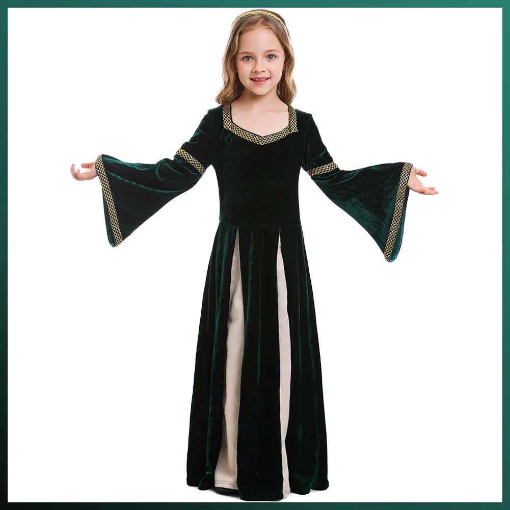 

Kids Girls Cosplay Medieval Princess Dark Green Retro Gown Halloween Renaissance Costume Disguise Vintage Fantasy Outfits