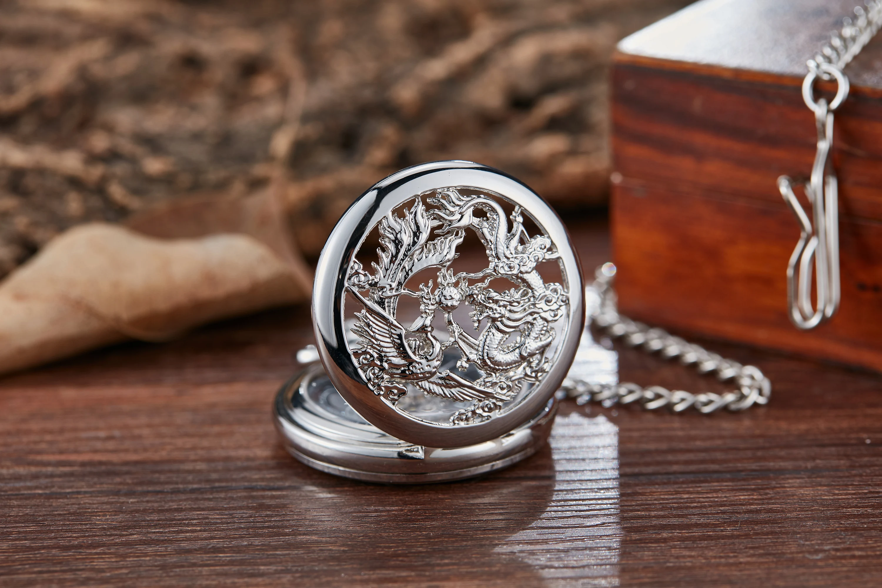 Chinoiserie Double Cranes Playing With Pearls Pattern Hollowed Out Relief Dragon Type Manual Mechanical Large Pocket Watch Clock