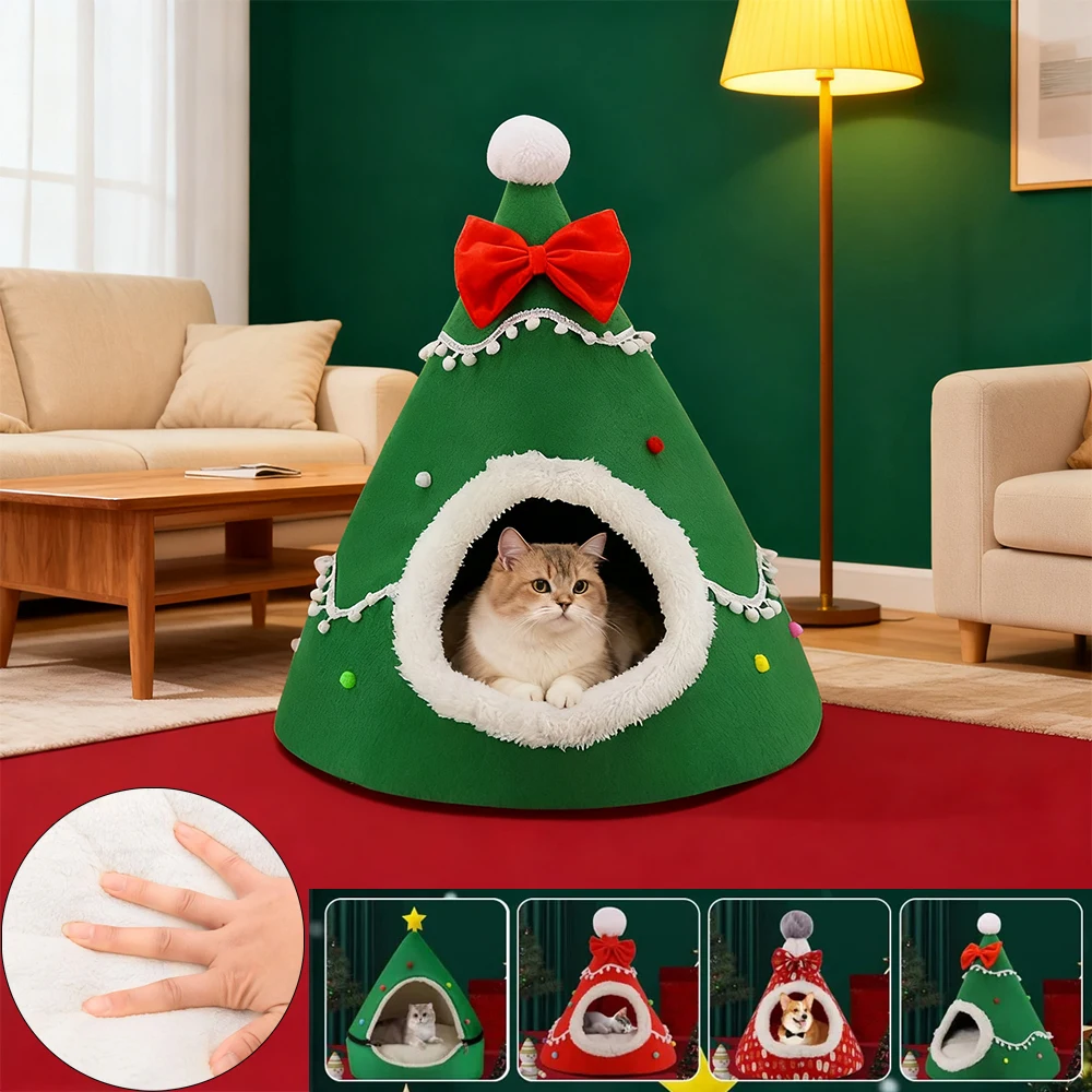 

Cat Bed for Winter Thick Plush Semi-Enclosed Christmas Tree Pet Nest Deep Sleep Dog Bed for Cold Weather Indoor Домик Для Кошки