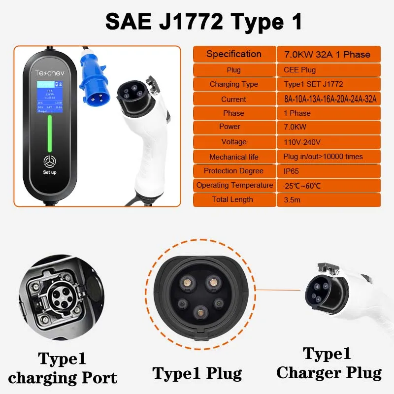 Teschev نوع 1 شاحن سيارات كهربائية محمول 7KW 32A 1 المرحلة Wallbox GBT EVSE كابل شحن سريع CEE التوصيل محطة شحن منزلية كهربائية