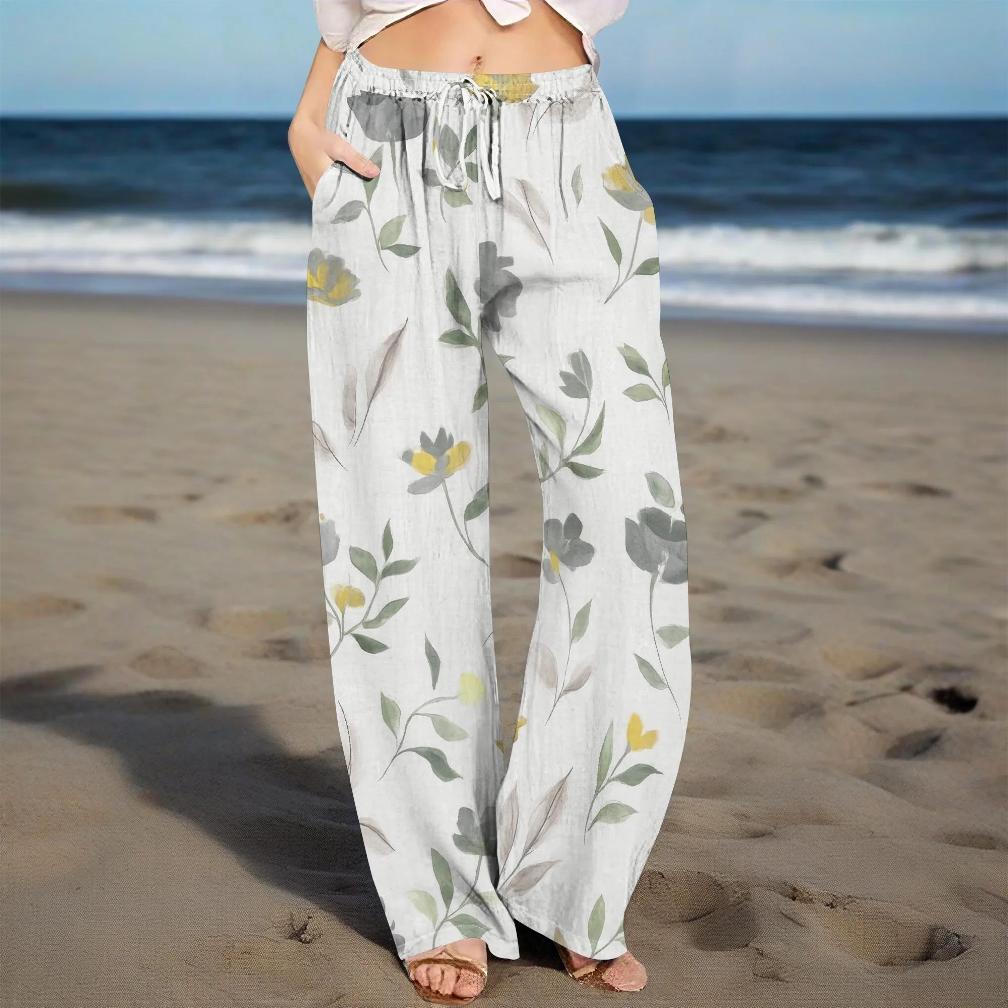 

Womens Linen Pants Elastic Waist Boho Floral Pants Straight Casual Loose Summer Beach Baggy Trousers with Pockets