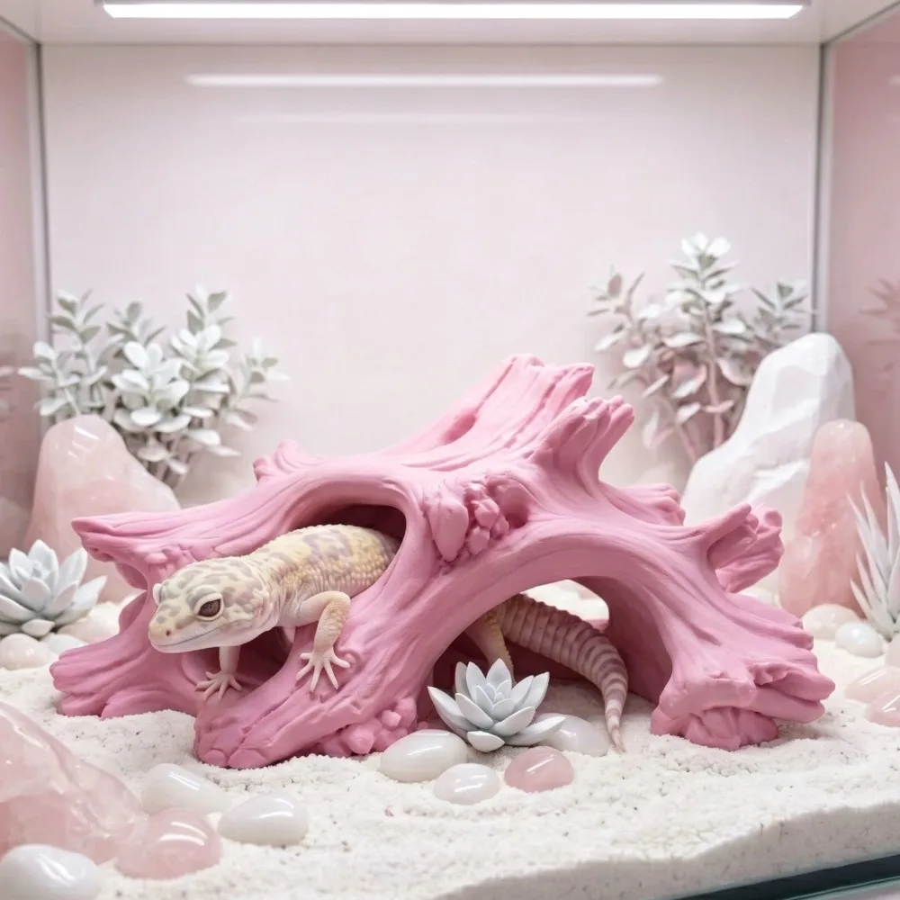 3D Printed Cave Reptile Hideout, Simulation Tree Hole Ornament, Terrarium Landscape Decor for Corn Snake, Leopard Gecko, Lizard Vivarium