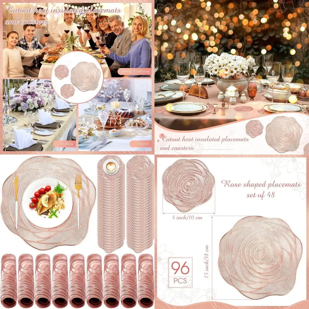 15 مفارش دائرية من الفينيل بحافة معدنية باللون الذهبي الوردي، مجموعة من 48، تصميم مجوف، مقاومة للانزلاق لحفلات الزفاف وتناول الطعام في المنزل #1