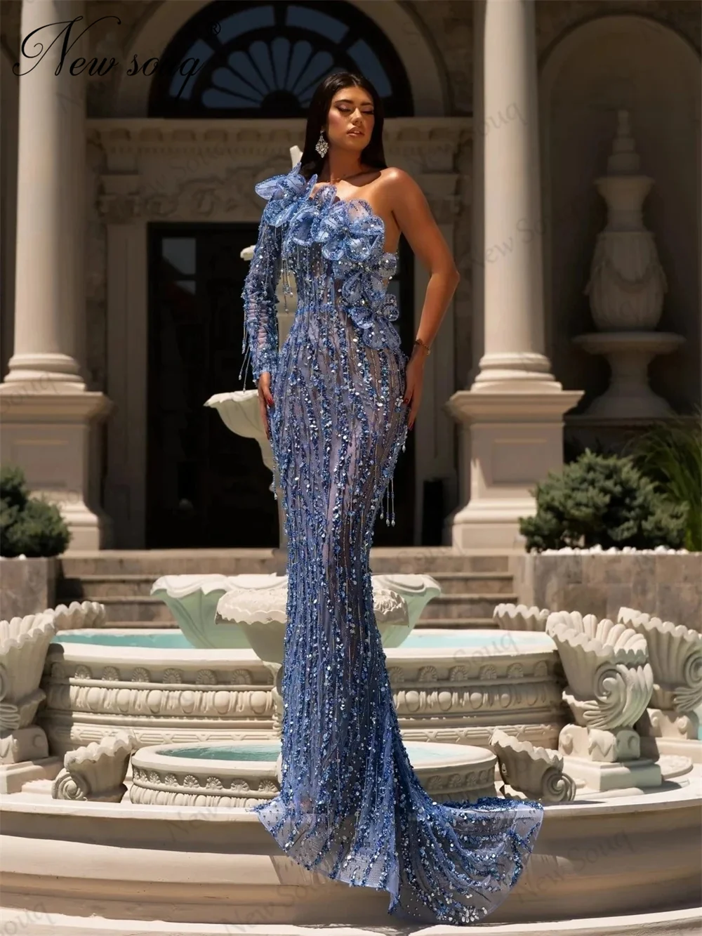 Custom Made Heavy Beaded Evening Dresses Robes De Soiree Crystals Tassel Mermaid Prom Dress One Shoulder Wedding Party Gowns