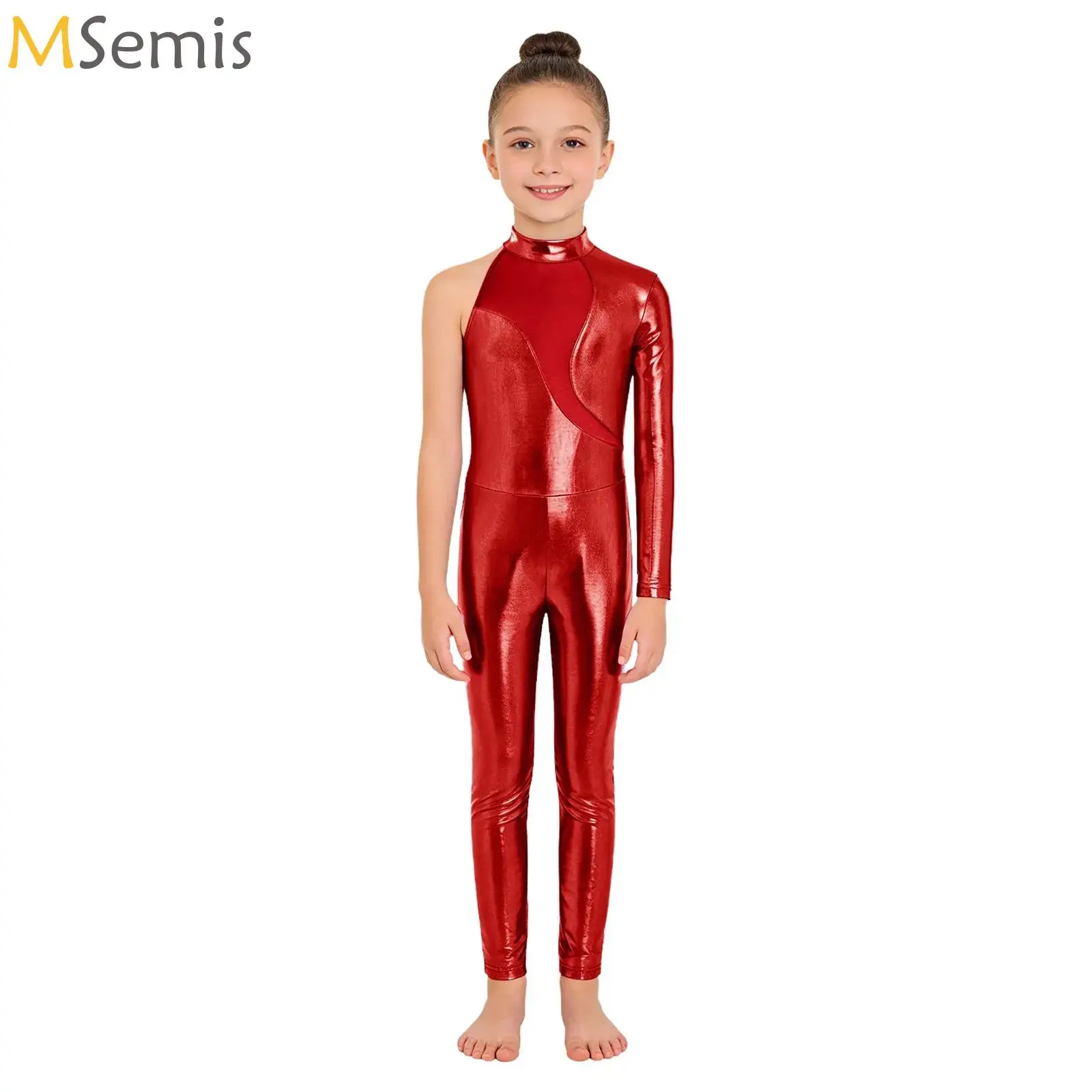 

Kids Metallic Figure Skating Unitard Asymmetrical Long Sleeve Shiny Full Length Bodysuit Dancewear for Girls Halloween Costumes