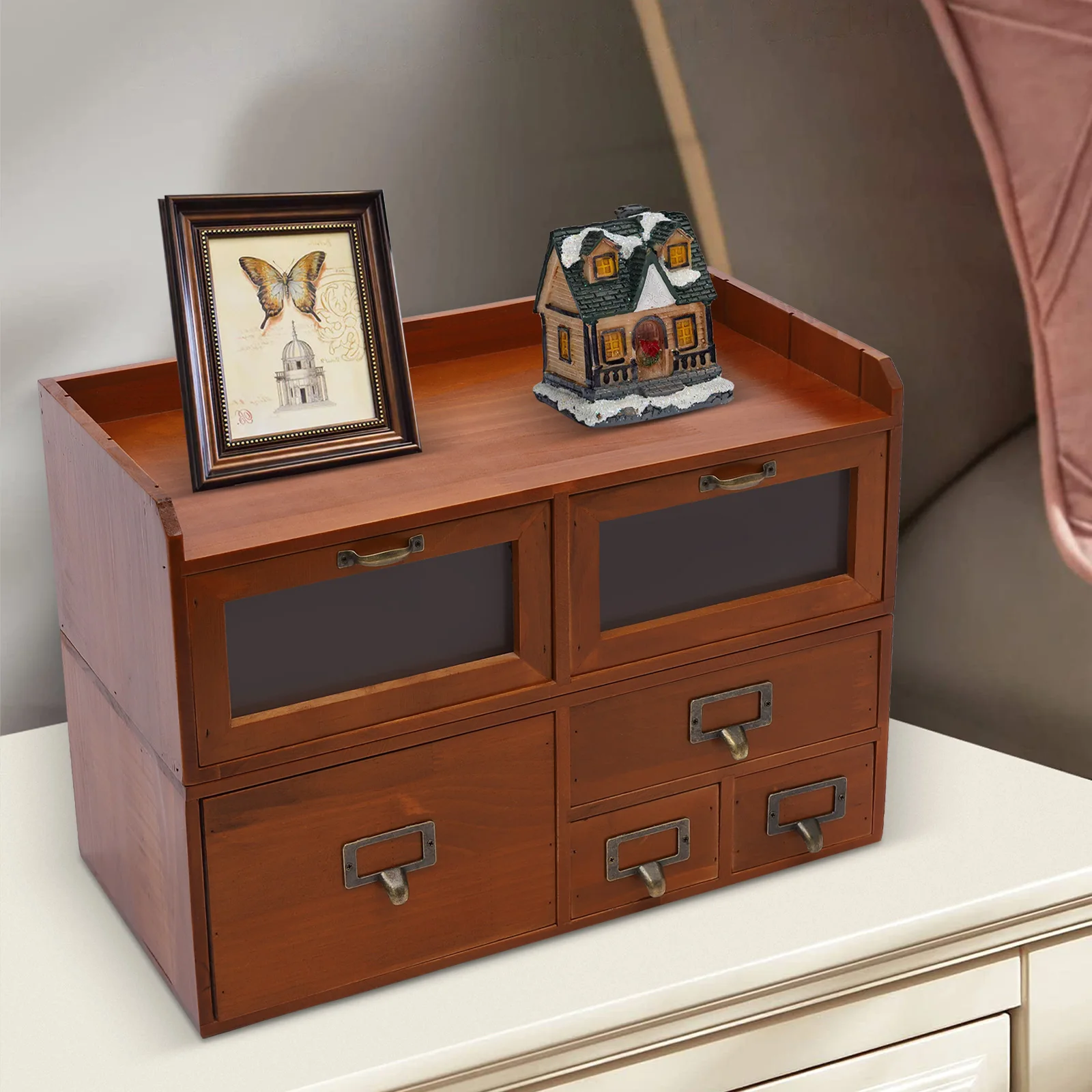 

Wooden Desk Drawer Organizer Vintage Tabletop Storage Cabinet Organization Box for Catalog Card Jewelry Makeup Craft & Tools