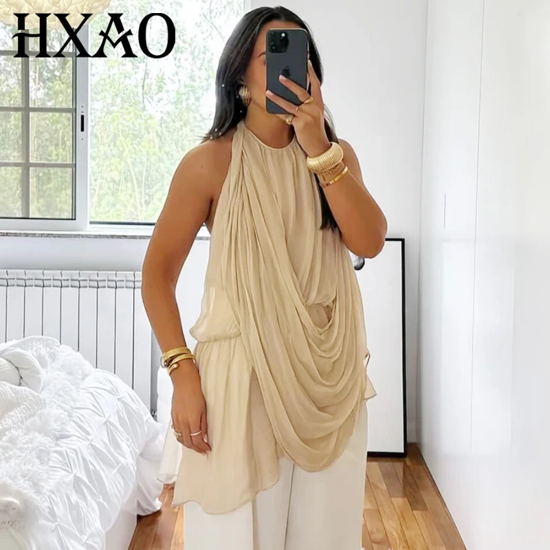 HXAO Asymmetrical Ruffled Halter Top Women Summer 2026 Sexy Dot Off Shoulder Sleeveless Draped Backless Top Casual Resort Vests