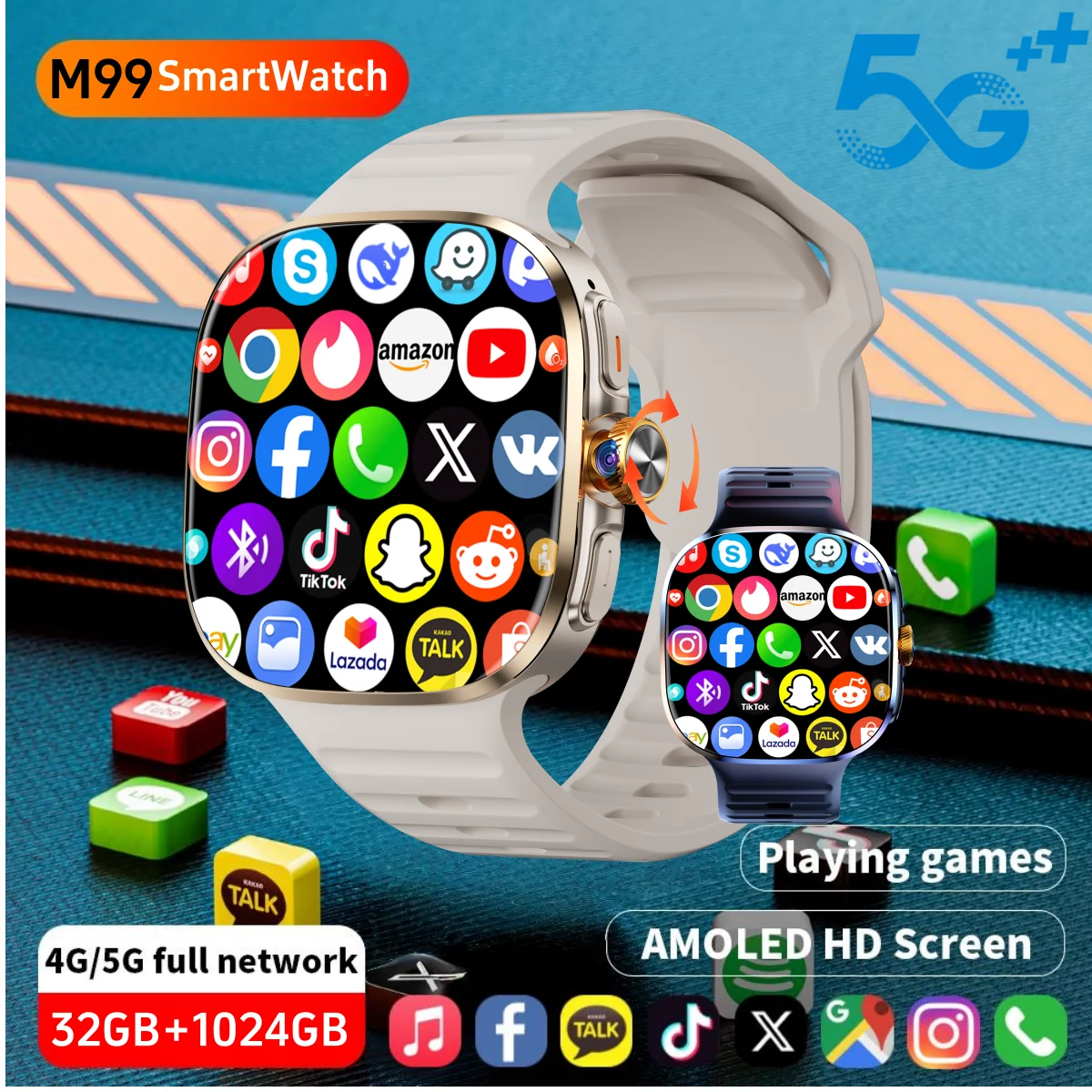 32+1024GB M99 Smartwatch with 2.4 Inch AMOLED Screen 4G/5G SIM Card Slot GPS WiFi 190° Rotating Camera Android 10.0 Gaming Watch