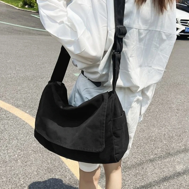 Female Canvas Fabric Soft Slouchy Shoulder Bag Y2K Student Leisure Medium Size School Book Laptop Pouch Messenger Side Bag