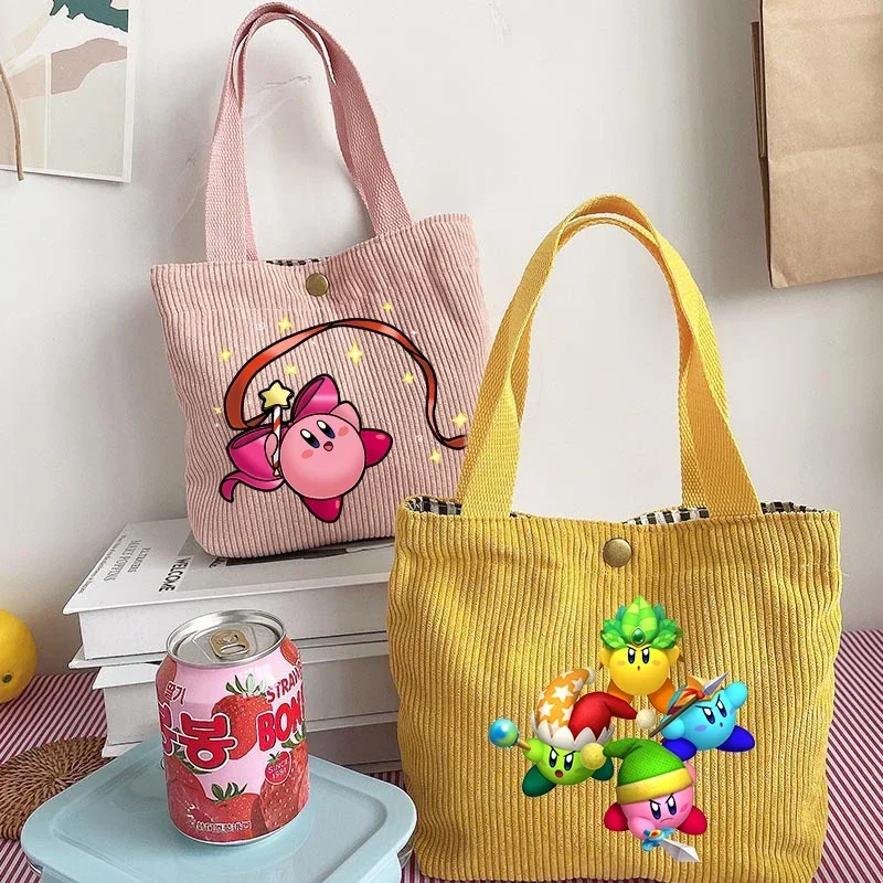 Star Kirby Lunch Bag Girl Anime Corduroy Bento Handbag Student Office Worker Large Capacity Lunch Storage Bag Shopping Bag Gift