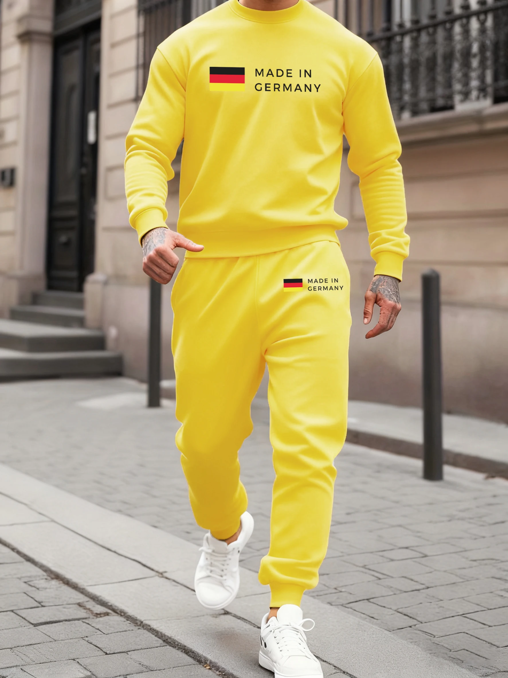 ドイツ製プリント秋冬フリースメンズパーカーパンツ2点セットルーズジョギングパンツベーシックオールマッチスウェットシャツ
