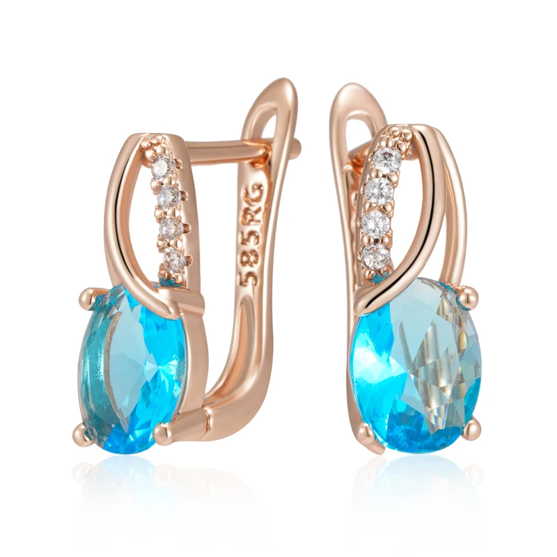 Kinel Hot Shiny Oval Blue Natural Zircon English Earrings for Women 585 Rose Gold Color High Quality Daily Fine Ethnic Jewelry