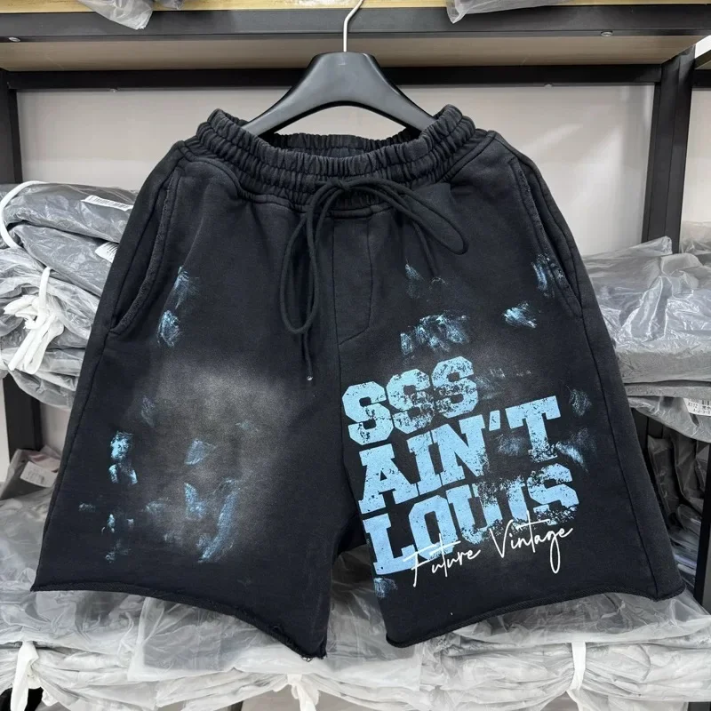 

24ss Washed Black Saint Michael Shorts Men Women Graffiti Destroy Letter Logo Printing Oversized Drawstring Basketball Shorts