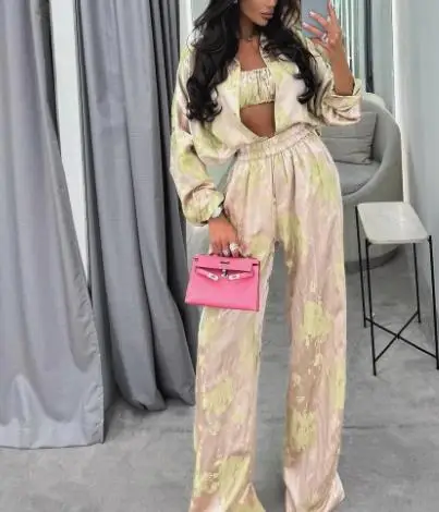 

Women's Clothing Casual Pants Outfits 2025 Summer New Fashion Lapel Long Sleeve Shirt Strapless & Wide Leg Pants Three Piece Set
