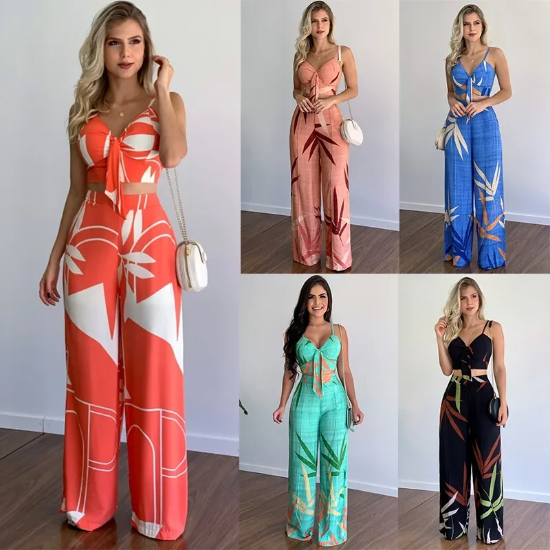 Europe and America cross-border casual suit summer ANSZKTN new V-neck short vest high waist printed wide leg pants two-piece set