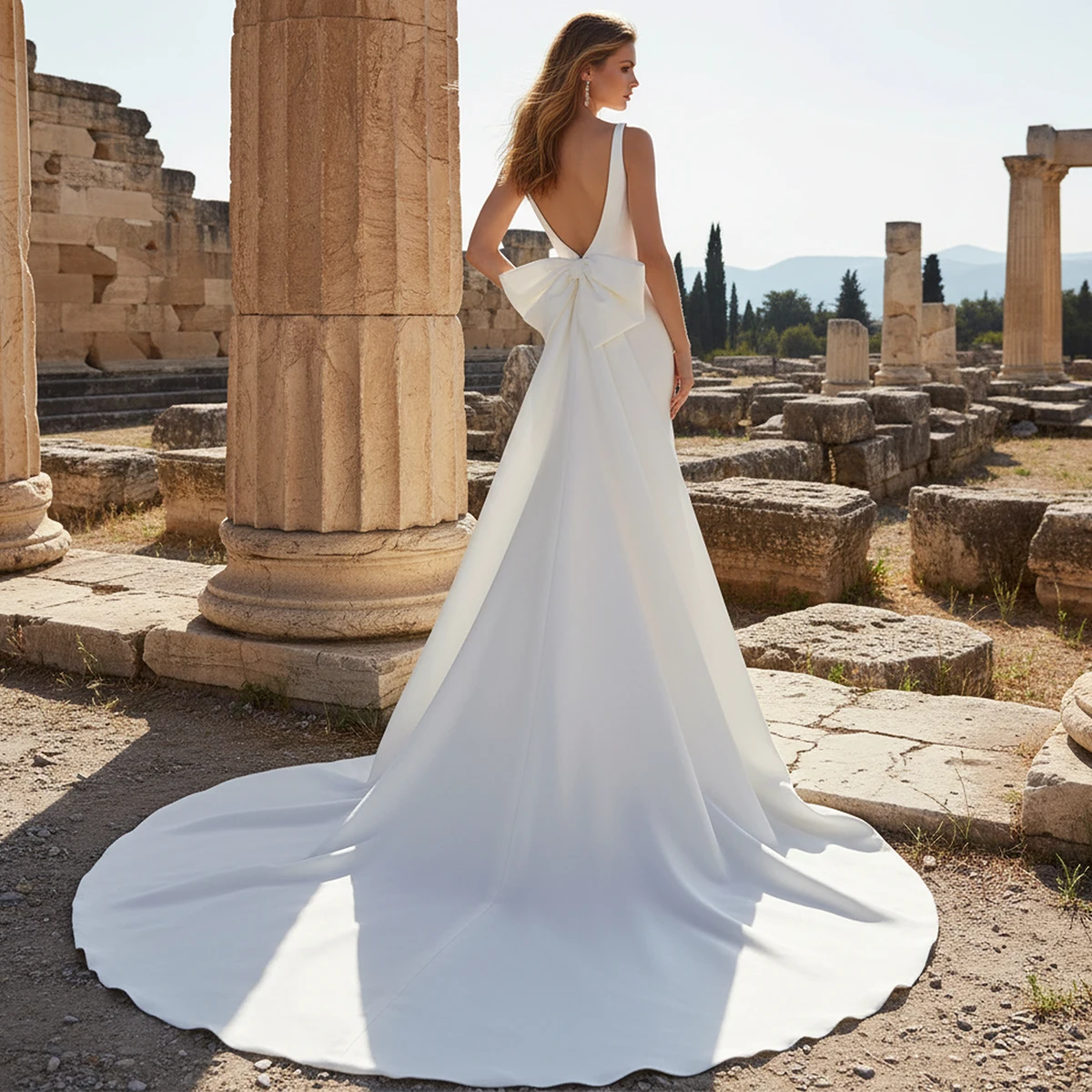 

Boho V Neck Long Sheath Wedding Dresses With Detachable Train 2026 Satin Mermaid Bridal Party Gown With Bow Vestidos de novia